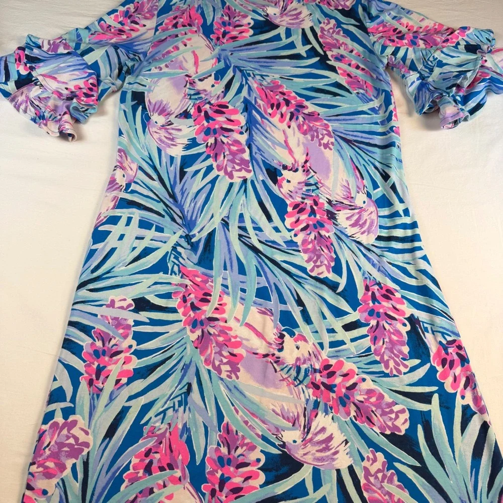 Lilly Pulitzer Dress Womens XS Blue Pink Floral Ruffle Sleeve Resort EUC